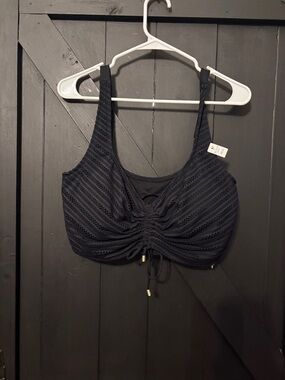 Coco Reef Black Lace-Effect Ruched Swim Top with Gold Accents